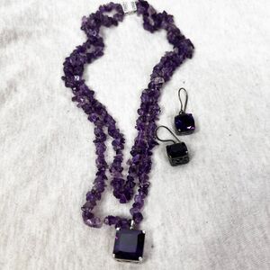 Vintage Amethyst Chipped Stone Necklace and Earrings | 925 Silver